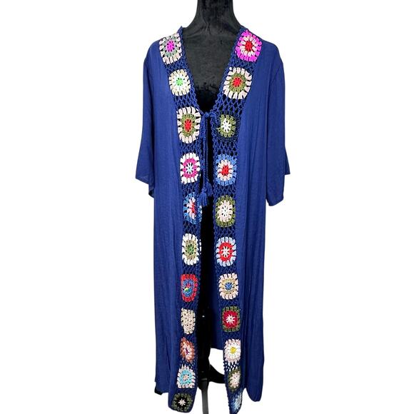 Davi & Dani NWT Navy Beach Cover-Up Sz M Crochet Trim Boho Resortwear - Picture 2 of 10